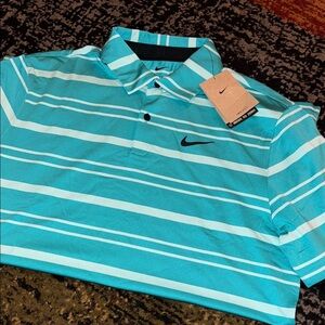 Nike Aqua Striped Polo Shirt golf Dri-Fit Medium New